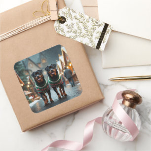 Adesivo Quadrado Cães Rottweiler Natal Neve Férias