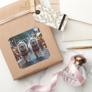 Adesivo Quadrado Cães Samoyed Natal Neve Férias