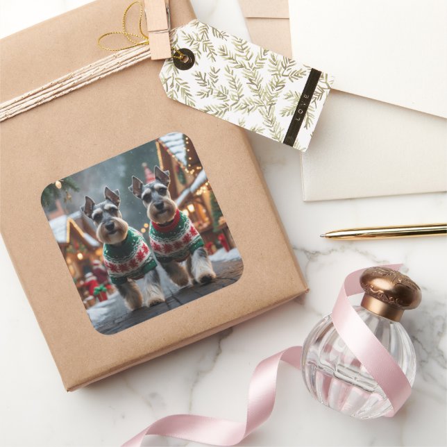 Adesivo Quadrado Cães Schnauzer Natal Neve Férias  (Presentear)