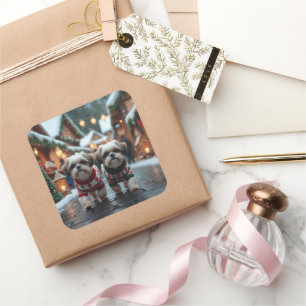 Adesivo Quadrado Cães Shih Tzu Natal Neve Férias