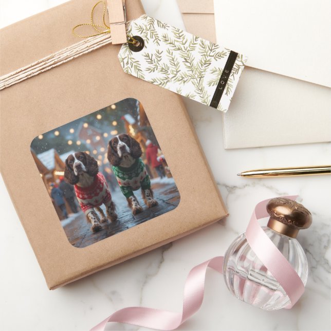 Adesivo Quadrado Cães Springer Spaniel Natal Neve Férias (Presentear)