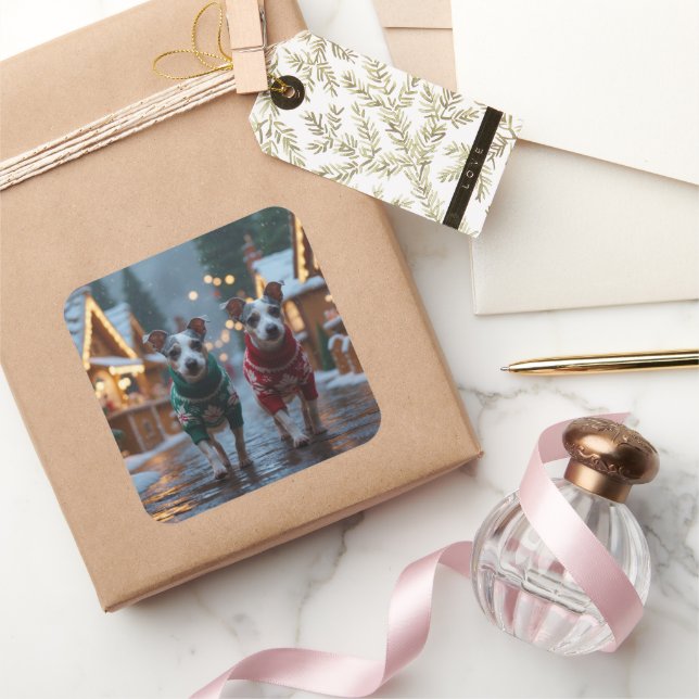 Adesivo Quadrado Cães Terrier Rato Natal Neve Feriado (Presentear)