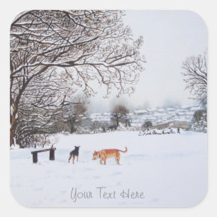 Adesivo Quadrado Cães tocando pintura paisagem de neve de inverno