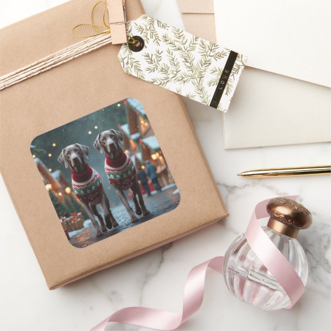 Adesivo Quadrado Cães Weimaraner Natal Neve Férias (Presentear)