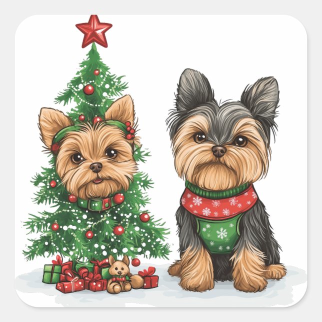 Adesivo Quadrado Cães Yorkie de Natal (Frente)