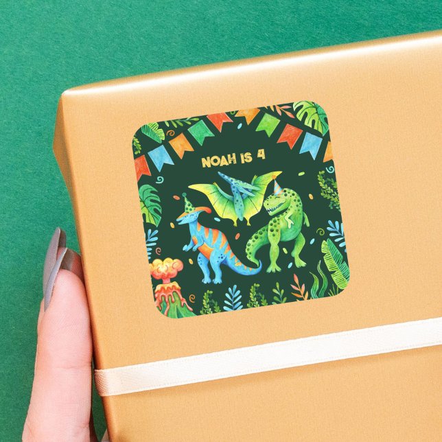 Adesivo Quadrado Café da Água Dinossauros Boys Birthday (Watercolor Dinosaurs Boys Birthday Square Sticker)