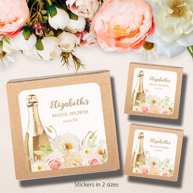 Adesivo Quadrado Café da Manhã & Bubbly Chás Bridal (Brunch & Bubbly blush floral bridal shower square stickers - choose 1-1/2" or 3" )