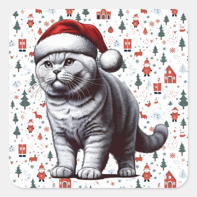 Adesivo Quadrado Café da manhã de Natal, Gato de Papais noeis de Na (Frente)