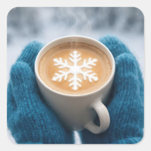 Adesivo Quadrado Café de Inverno de Natal Com Luvas e Floco de Neve