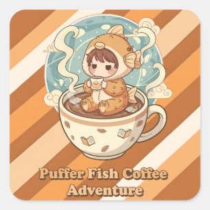 Adesivo Quadrado Café e Leitura de Arte de Peixe-Bola Fofo