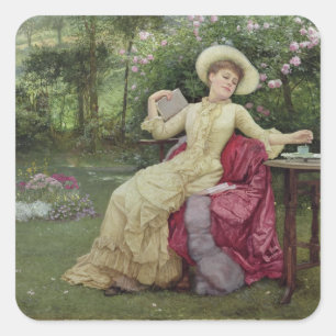 Adesivo Quadrado Café e leitura do bebendo no jardim (w/c sobre