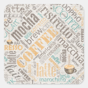 Adesivo Quadrado Café em Burlap Word Cloud Teal ID283