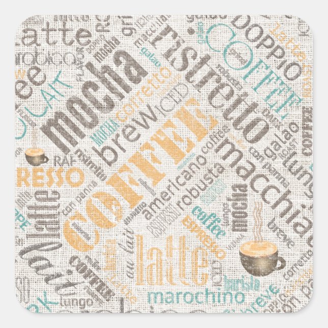 Adesivo Quadrado Café em Burlap Word Cloud Teal ID283 (Frente)