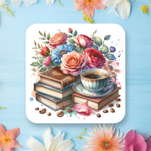 Adesivo Quadrado Café, Livros e Flores Envelope Selo