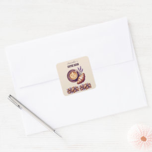 Adesivo Quadrado Cafe Personalizado Merch Croissant Vintage Com Lav