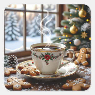 Adesivo Quadrado Café quente e biscoitos de pão quente Natal