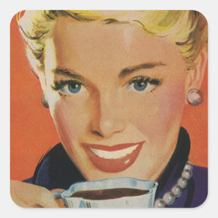 Adesivo Quadrado Café Vintage, Mulher Feliz com Xícara de Café Retr