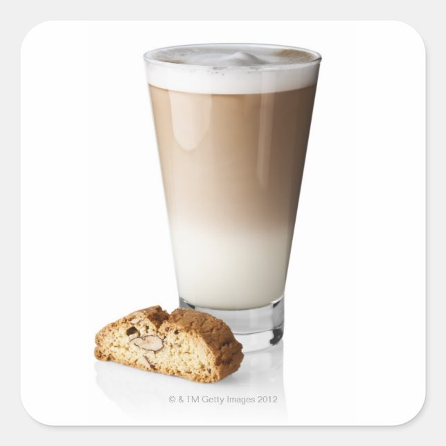 Adesivo Quadrado Caffe latte com biscotti, em fundo branco, (Frente)
