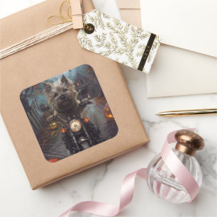 Adesivo Quadrado Cairn Terrier, Andando De Motocicleta Assustado