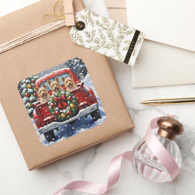 Adesivo Quadrado Cairn Terrier Christmas Red Truck Holiday (Presentear)