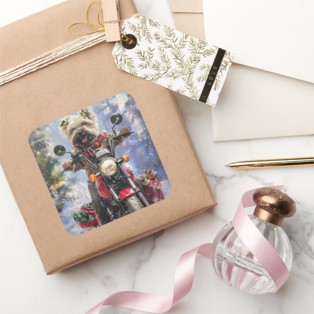 Adesivo Quadrado Cairn Terrier Dog Dirigindo motocicleta Natal (Presentear)