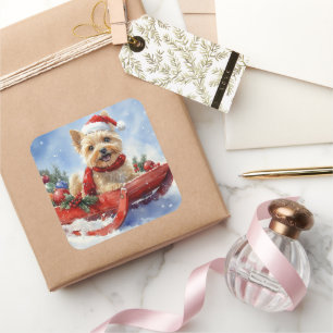 Adesivo Quadrado Cairn Terrier Dog em Sledge Deixe-o nevar no Natal