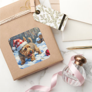Adesivo Quadrado Cairn Terrier Espirituoso Cavando para o Natal T