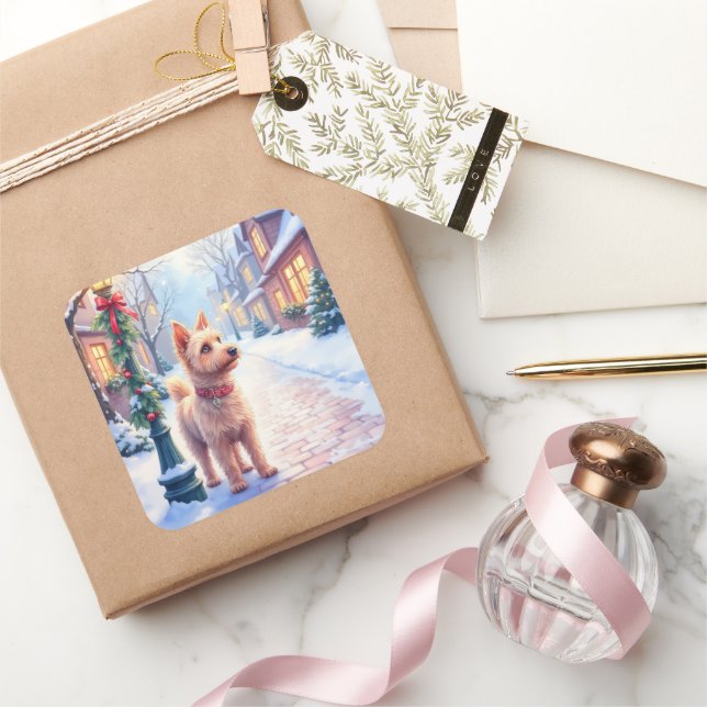 Adesivo Quadrado Cairn Terrier Festive Lamppost Village Christmas (Presentear)