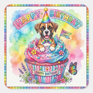 Adesivo Quadrado Caixa de Fila Filhote Feliz Aniversário Cupcake Aq