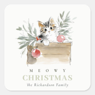 Adesivo Quadrado Caixa de Natal Meowy de Aquarela Moderna Fofa Gato
