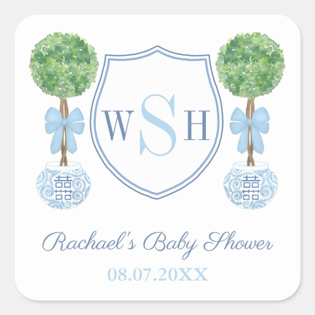 Adesivo Quadrado Caixa de Topiaria de Buxo com Crista de Monograma  (Frente)