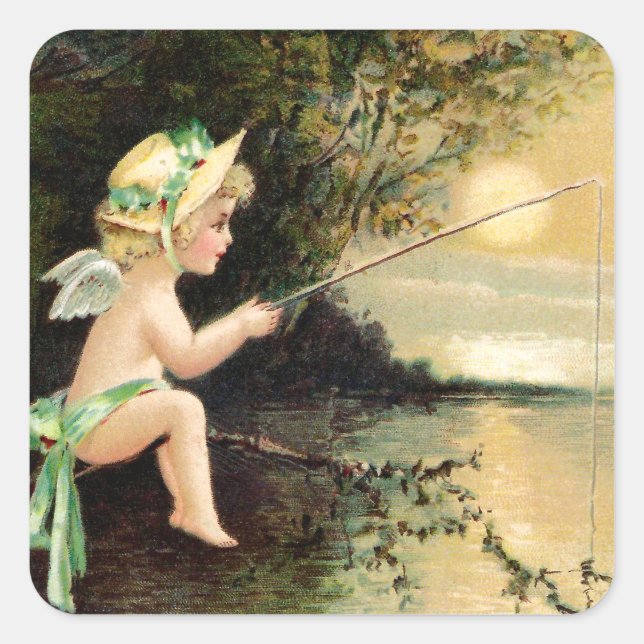 Adesivo Quadrado Calçado: Pequeno Cherub com Arco de Pesca (Frente)