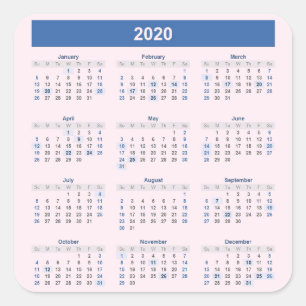 Adesivo Quadrado Calendário Anual 2020 em rosa pálido