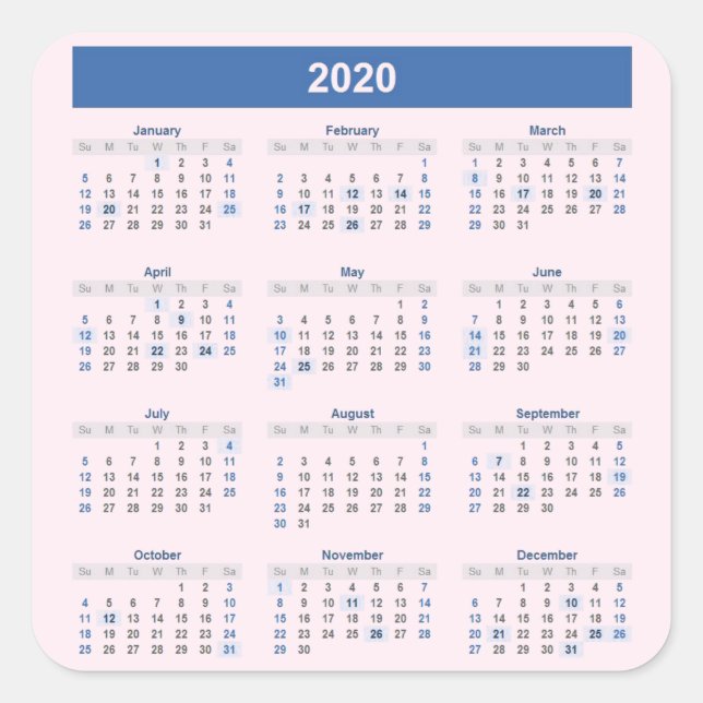 Adesivo Quadrado Calendário Anual 2020 em rosa pálido (Frente)