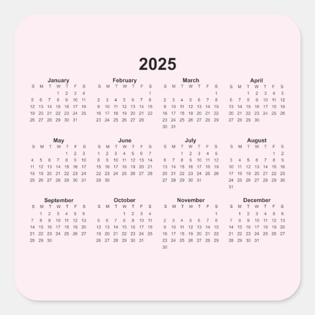 Adesivo Quadrado Calendário Anual 2025 em rosa pálido (Frente)