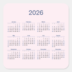 Adesivo Quadrado Calendário Anual de 2026 em Rosa Pálido
