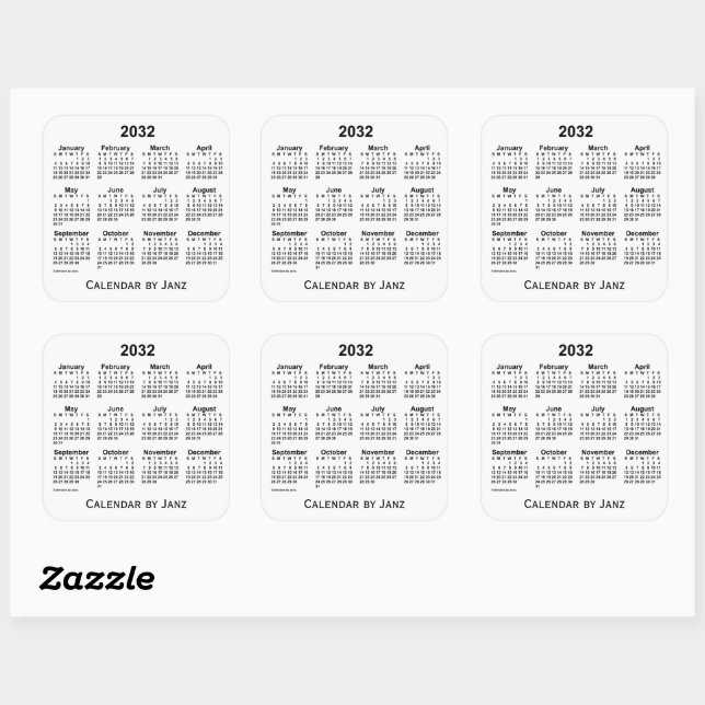 Adesivo Quadrado Calendário Branco de 2032 por Janz Square Sticker (Folha)