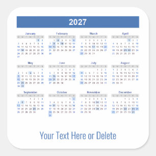 Adesivo Quadrado Calendário Mensal de 2027 com Texto Personalizado