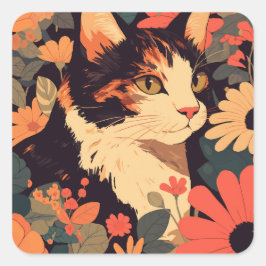 Adesivo Quadrado Calico Cat com Flores Japonês