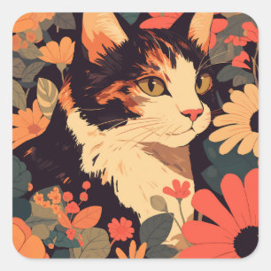 Adesivo Quadrado Calico Cat com Flores Japonês