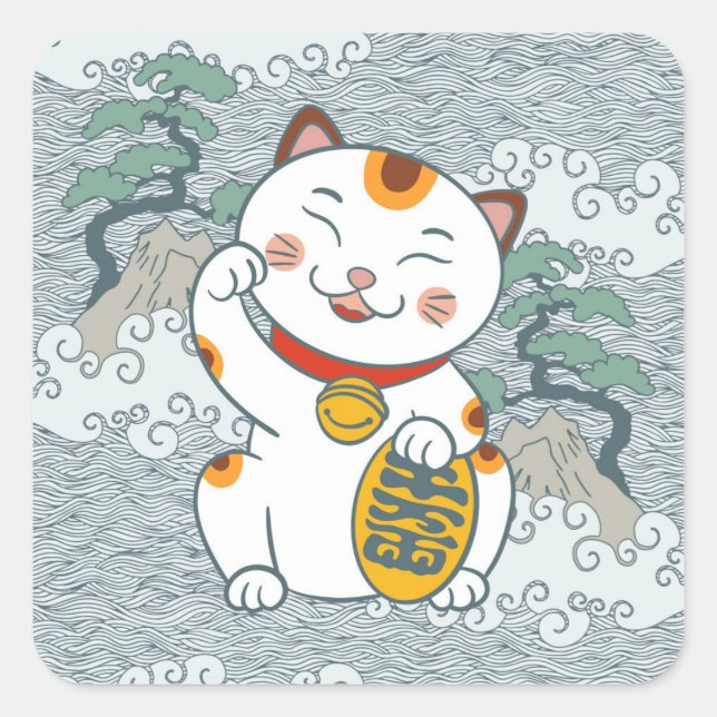Adesivo Quadrado Calico Cat japonês | Maneki Neko (Frente)