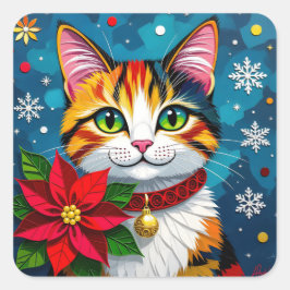 Adesivo Quadrado Calico Cat, Poinsettias and Snowflakes Christmas