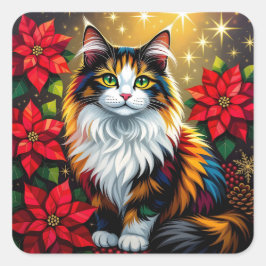 Adesivo Quadrado Calico Cat, Poinsettias Red and Gold Christmas
