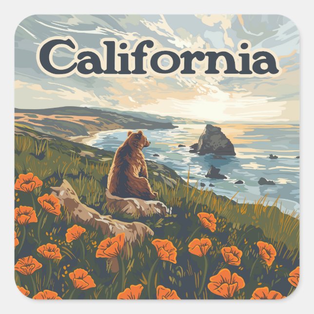 Adesivo Quadrado California Bear Poppies Flores Retro (Frente)