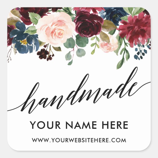 Adesivo Quadrado Caligrafia artesanal Borgonha Azul Floral Pequeno (Frente)