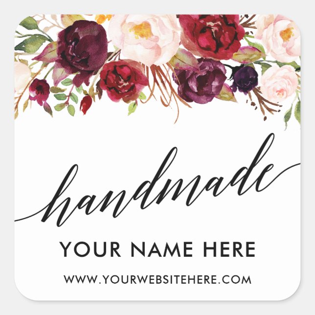 Adesivo Quadrado Caligrafia artesanal Borgonha Pequena (Frente)