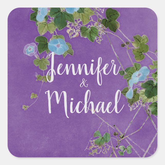 Adesivo Quadrado Caligrafia Moderna de Casamento Nome Floral (Frente)