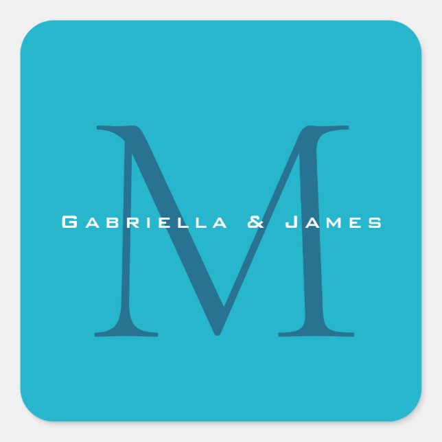 Adesivo Quadrado Caligrafia Monograma Azure Blue Modern Plain (Frente)