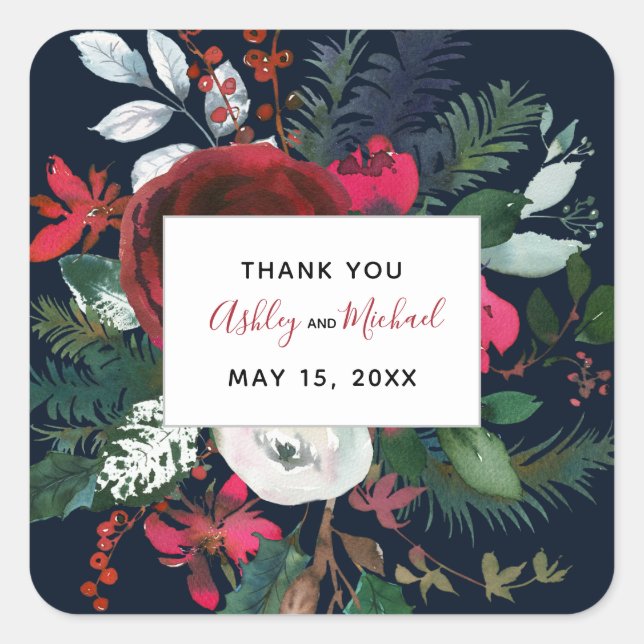 Adesivo Quadrado CALLIGRAPHY + BLOOM | Data de casamento da Borgonh (Frente)