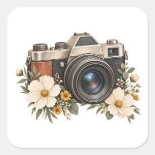 Adesivo Quadrado Câmera Antiga com Flores de Cosmos Creme